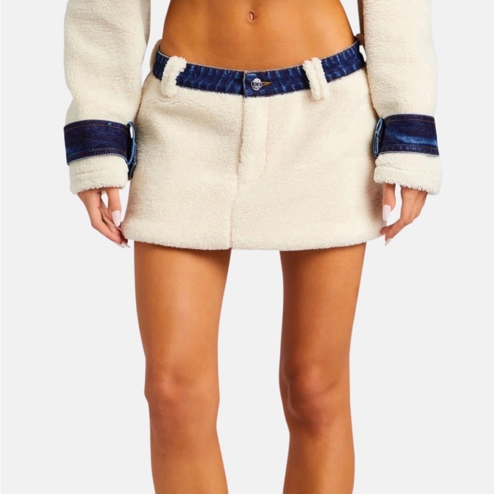 Ser.O.Ya Womens Faux Fur Teddy Denim Karissa Mini Skirt Beige Blue Size 27 NWT